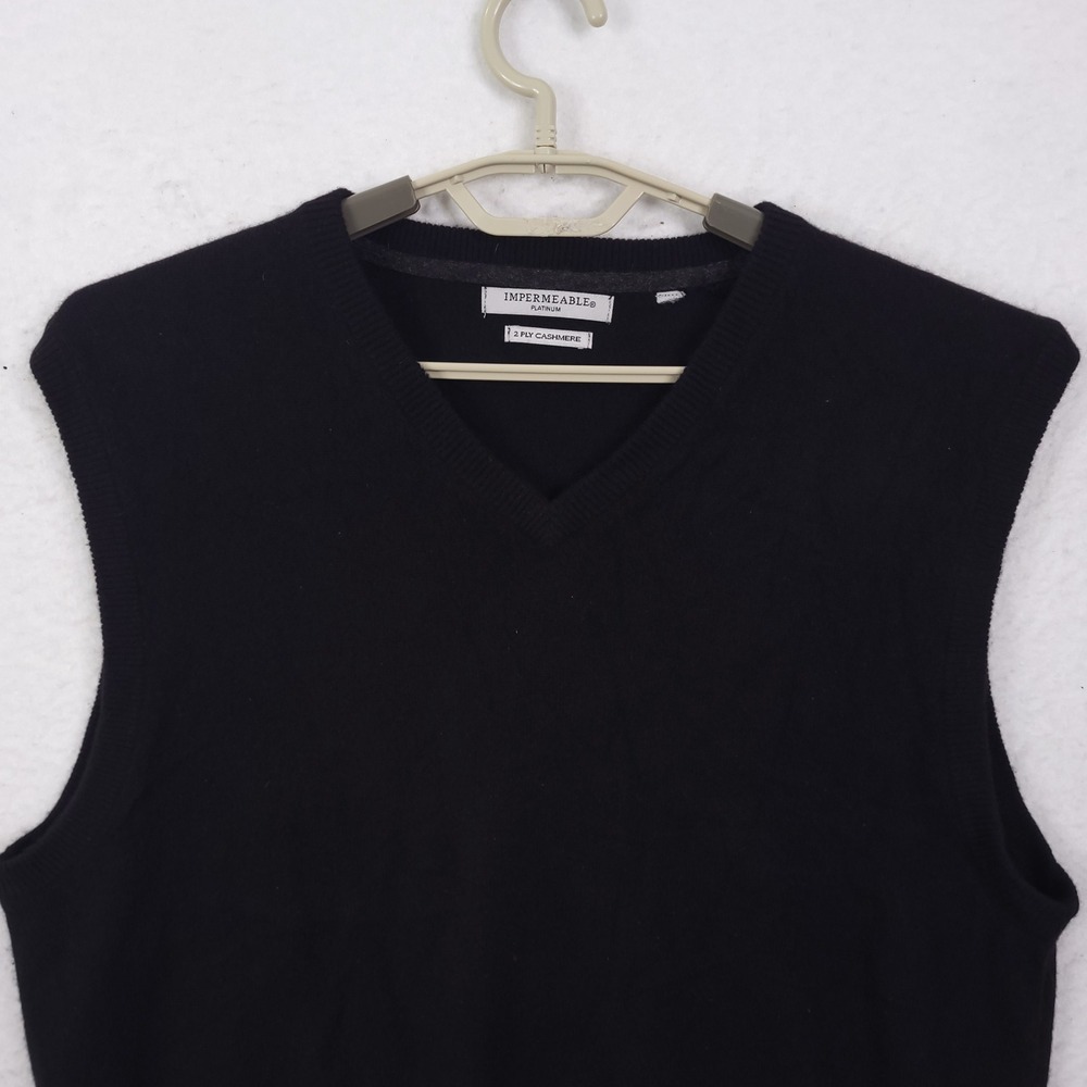 Impermeable Platinum Sweater Vest Mens L Black 2 Ply Cashmere V-Neck Luxury